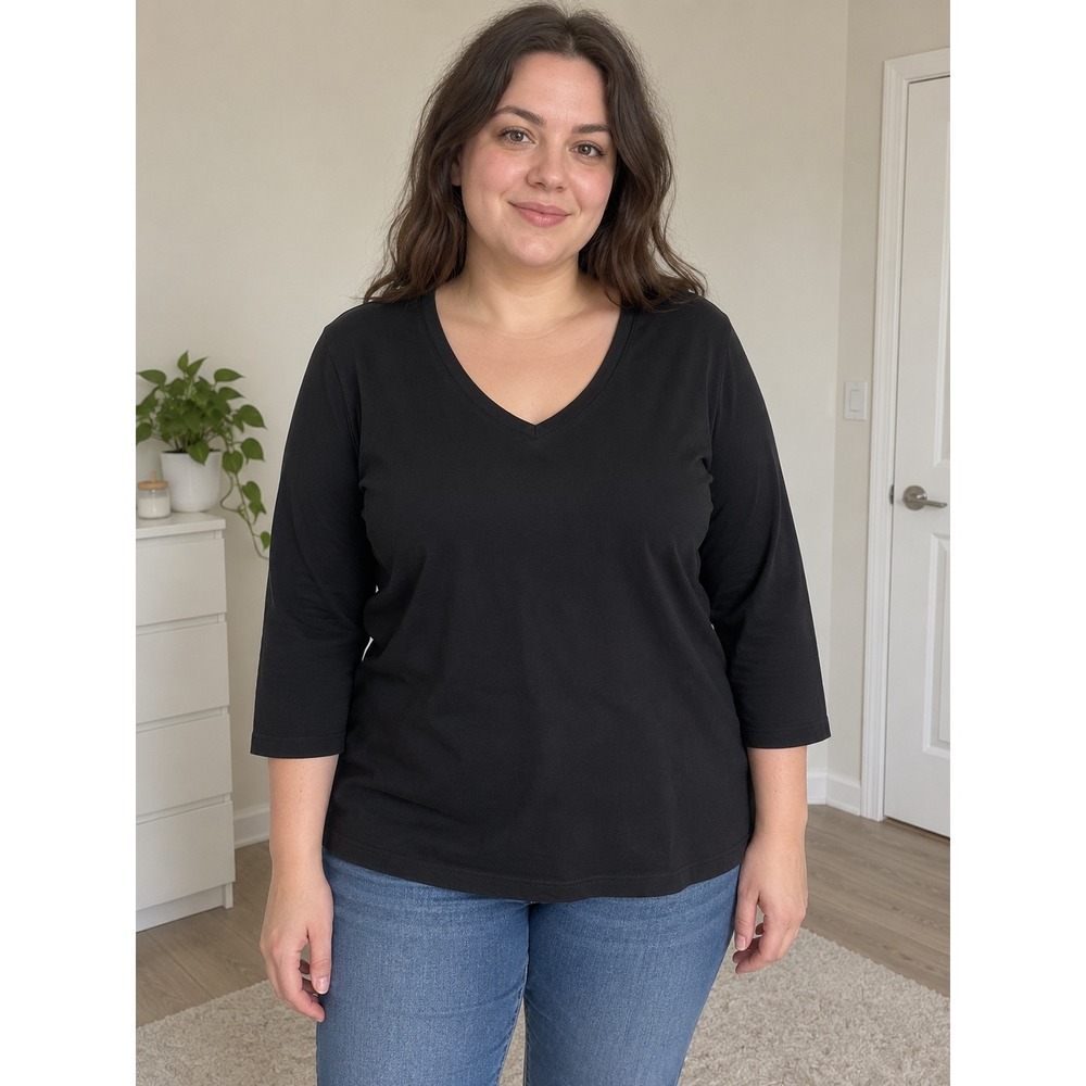 St John's Bay Essential Tee Black V-Neck 3/4 Sleeve Cotton Top XL